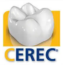 A white dental crown model with the word CEREC below it on a yellow background.